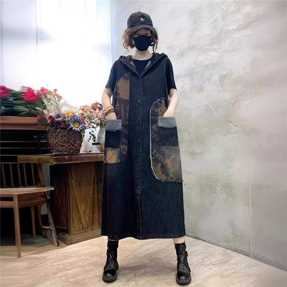 Vintage Loose Fit Hooded Denim Vest With Printed Pattern