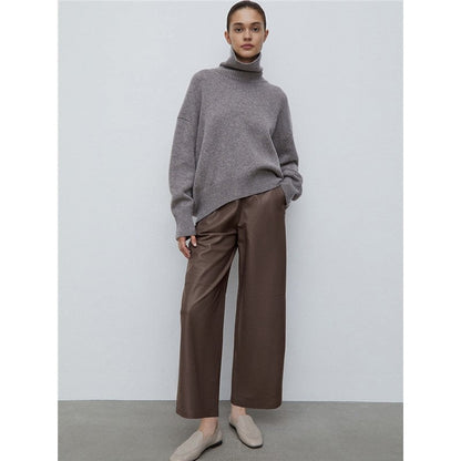 High Waisted Solid Color Straight Leg Faux Leather Pants