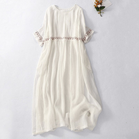 Cotton Linen Embroidered Dress Loose Large Swing Round Neck