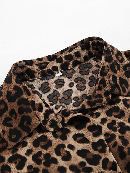 Loose Leopard Split-Joint Lapel Long Sleeves Tied Waist Blouse + Elasticity Pants Trousers Two Pieces Set