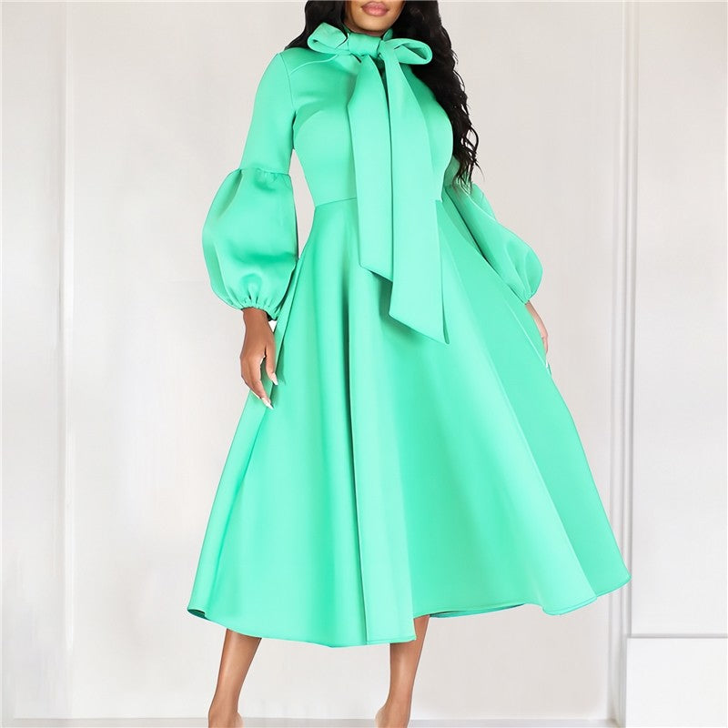 Bubble Sleeve Tie-Waist Maxi Evening Dress