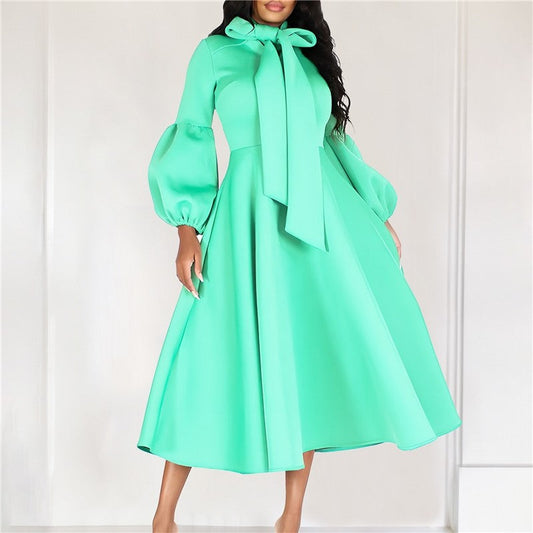 Bubble Sleeve Tie-Waist Maxi Evening Dress