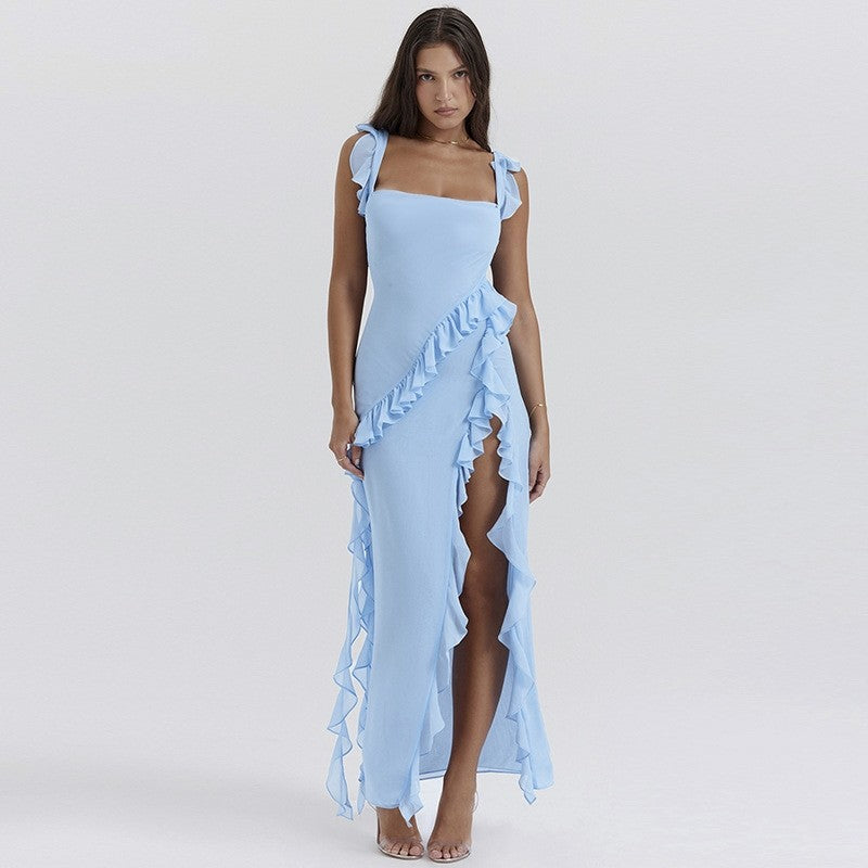 High Slit Ribbon Strap Solid Color Dress