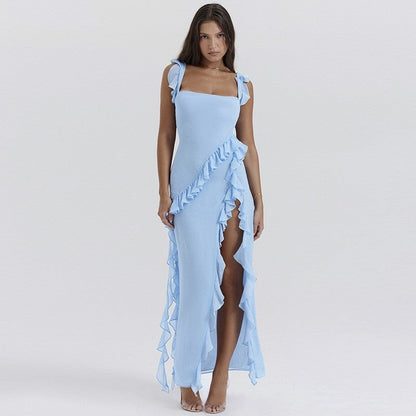 High Slit Ribbon Strap Solid Color Dress