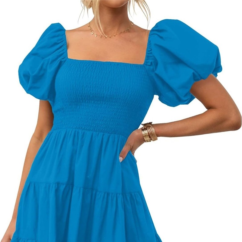 Square Neck Off-Shoulder Bubble Sleeve Dress