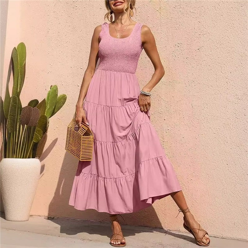 Solid Color Pleated Halter Swing Dress