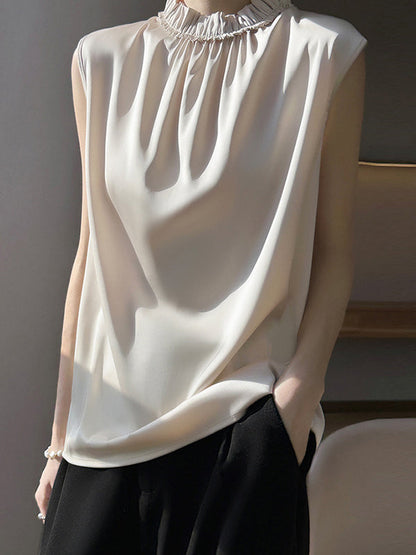 Loose Sleeveless Pleated Ruffle Trim Solid Color Stand Collar Vest Top