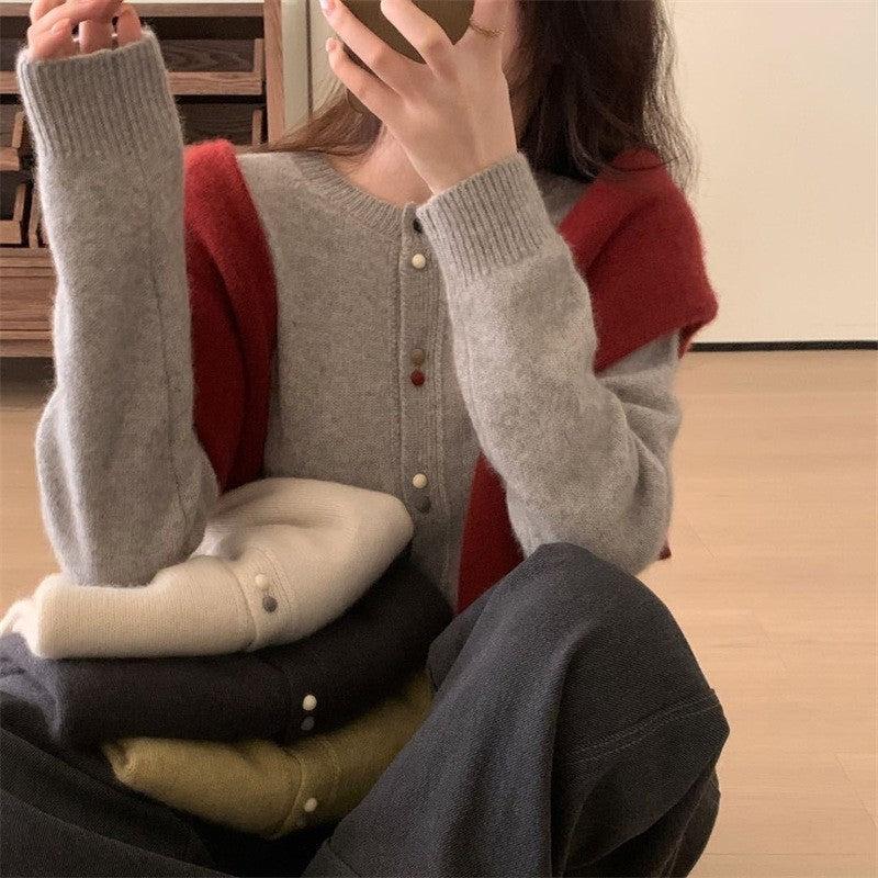 Solid Color Long Sleeve Crewneck Buttoned Short Cardigan Sweater