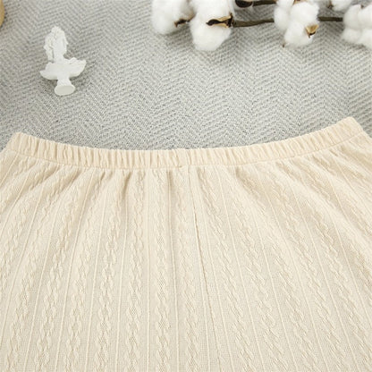 Solid Color Knit Crewneck Long Sleeve Crop Top and Shorts Set - Loungewear