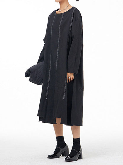 Irregular Clipping Long Sleeves Split-Joint Round-Neck Midi Dresses