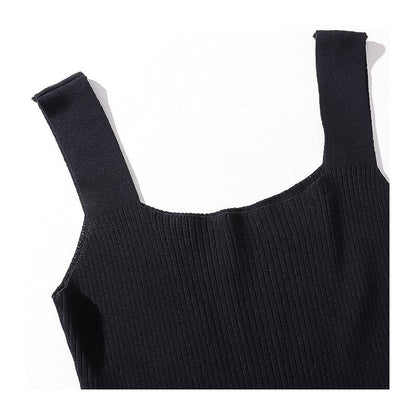 Knitted Hepburn Style Dress with Wide Shoulder Straps