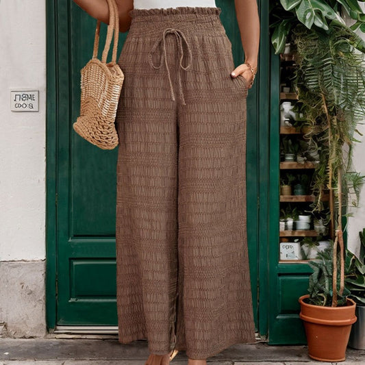 Textured Solid Color Wide Leg Casual Trousers