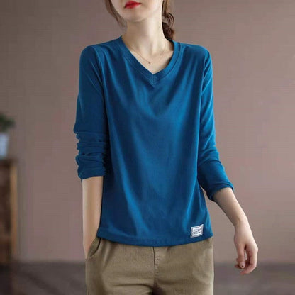 Sure! Here is an optimized title for your clothing product:

"Classic V-Neck Long Sleeve T-Shirt in Solid Color