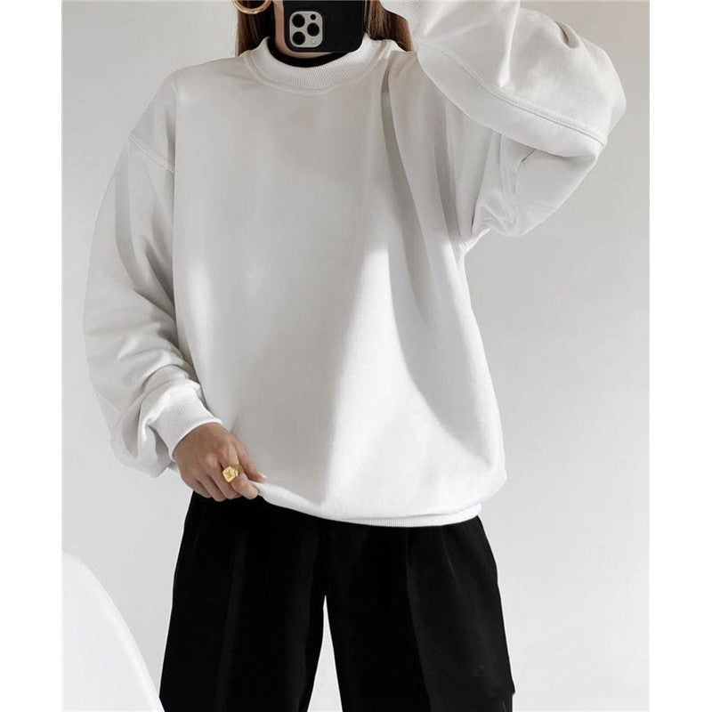 Casual Loose Fit Solid Color Crewneck Cotton  Sweatshirt