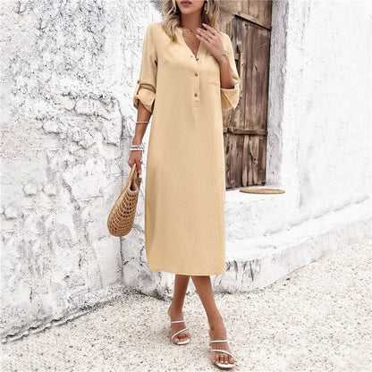 Casual Loose Fit V-Neck Solid Color Long Sleeve Midi Dress