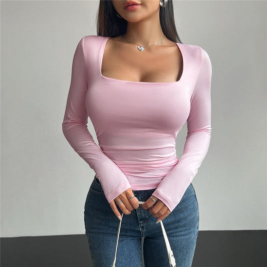 Chic Fitted Square Neck Long Sleeve Top