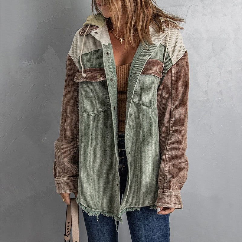 Loose Fit Color Block Hooded Corduroy Jacket