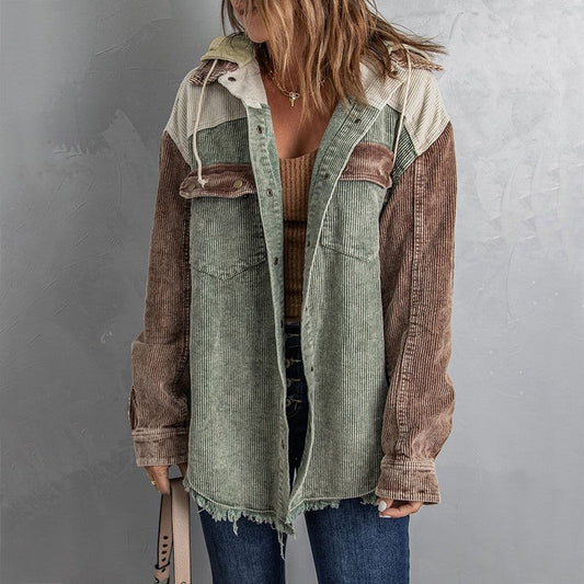 Loose Fit Color Block Hooded Corduroy Jacket
