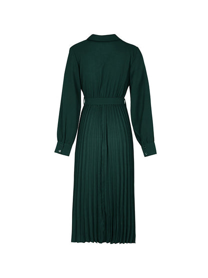 A-Line Long Sleeves Belted Buttoned Pleated Lapel Midi Dresses