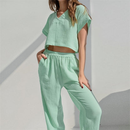 Solid Color Short Sleeve V-Neck Top and Pants Two-Piece Loungewear Set