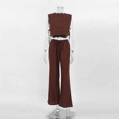 Cotton Linen Sleeveless Vest and Trousers Pajama Set for Women