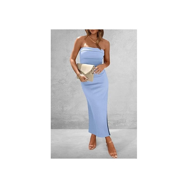 Solid Color Strapless Tube Side Slit Skinny Long Evening Dress