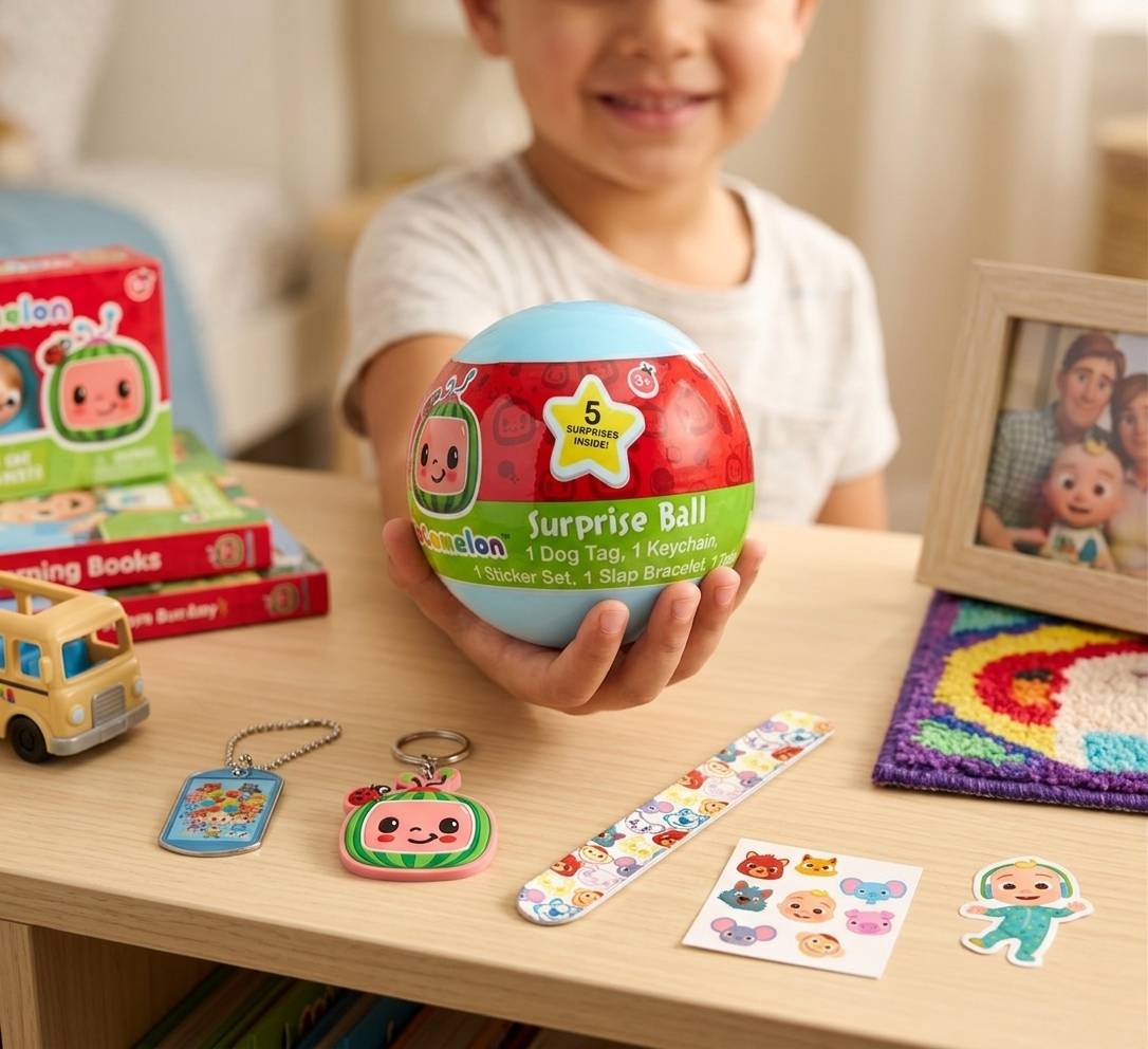 Cocomelon Surprise Ball 6-Pack – Each Ball Includes 5 Surprise Toys Inside, Kids Collectible Gift Set with Dog Tag, Keychain, Slap Band, Stickers & More