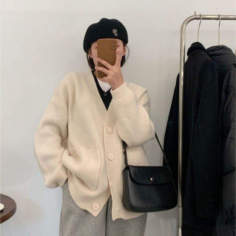 Solid Color Long Sleeve Large Pockets Casual Loose Knitted Cardigan
