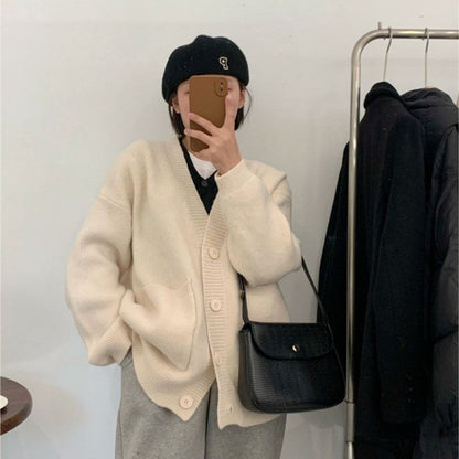 Solid Color Long Sleeve Large Pockets Casual Loose Knitted Cardigan