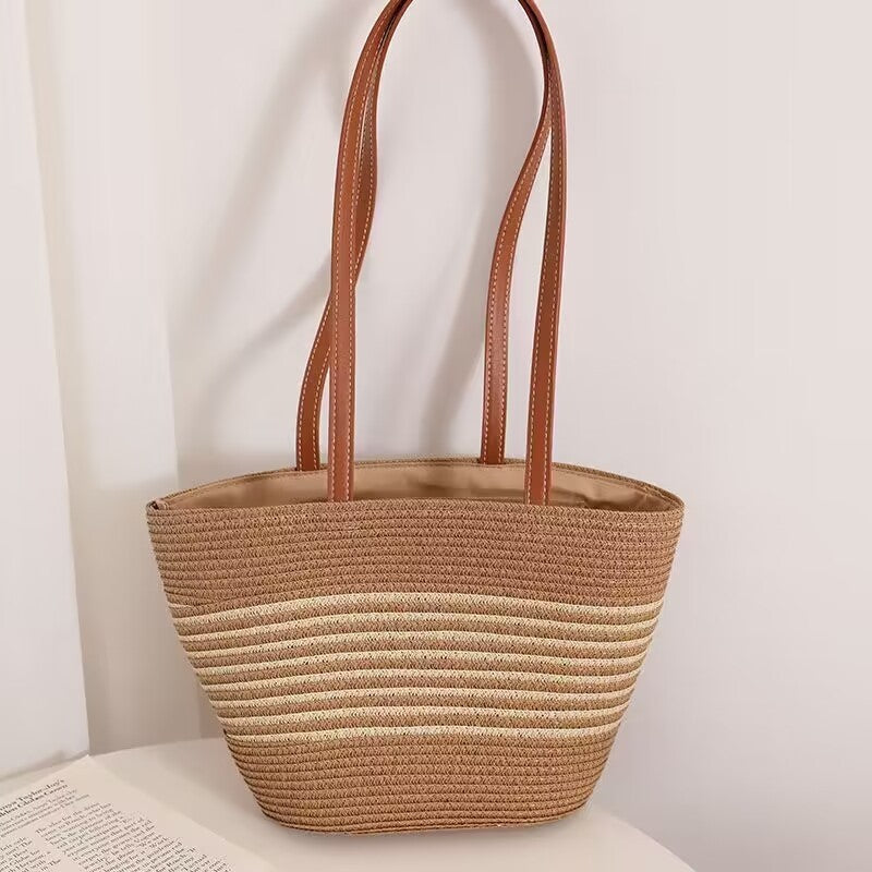 Grass Striped Woven Tote with Ample Storage