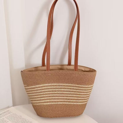 Grass Striped Woven Tote with Ample Storage
