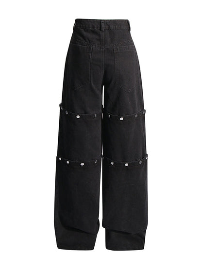 High Waisted Loose Buttoned Detachable No Belt Pockets Split-Joint Jean Pants Bottoms