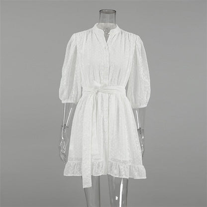 Open-Front Jacquard Perspective Sleep Dress with Five-Point Sleeves