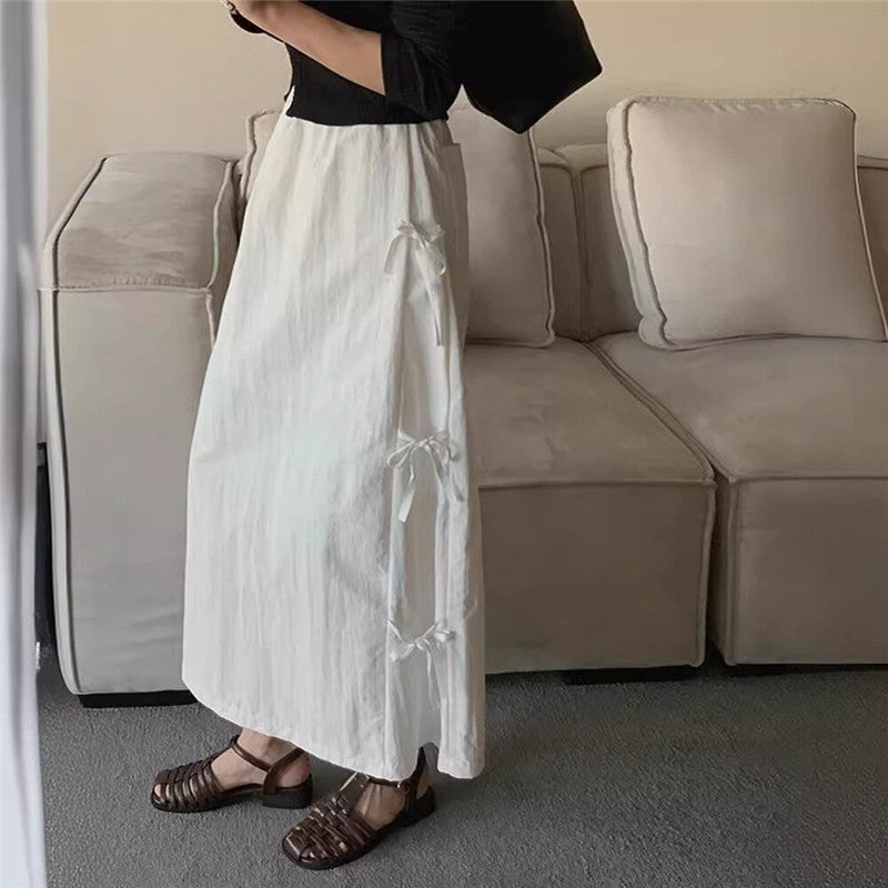 Solid Color Bow Tie Waist Midi Skirt