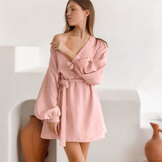 Long Sleeve Tie-Waist Solid Color Homewear Robe Pajamas