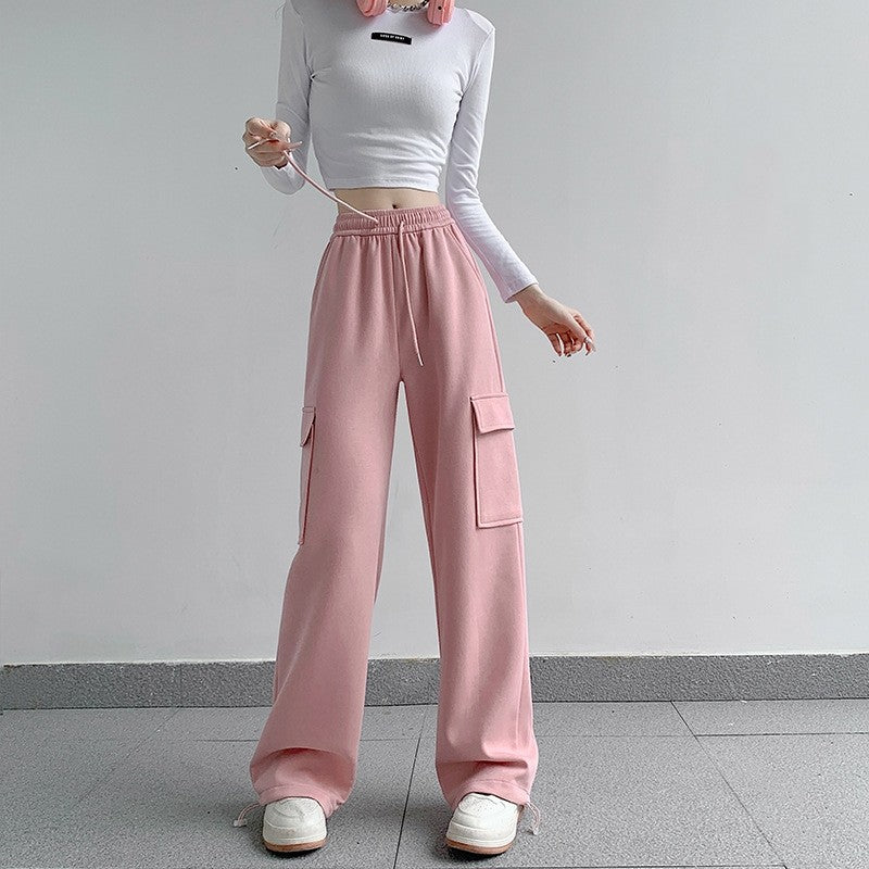 Casual Loose Fit Solid Color Cargo Pants with Elastic Waistband