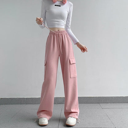 Casual Loose Fit Solid Color Cargo Pants with Elastic Waistband