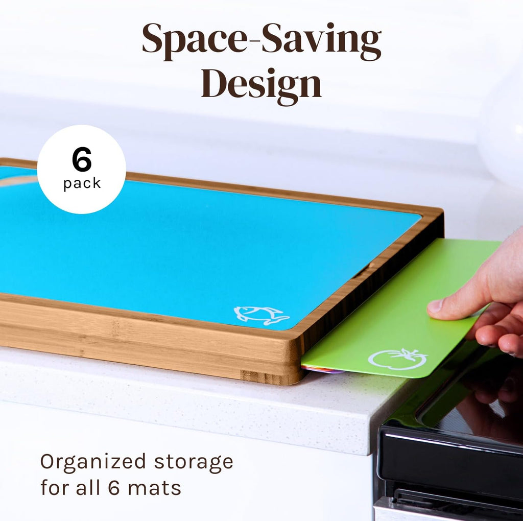 Bamboo Cutting Board Set with Holder & 6 Mats