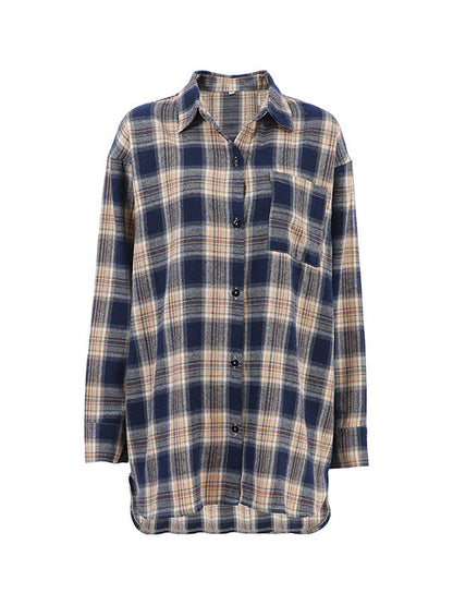 Long Sleeves Loose Plaid Split-Joint Lapel Blouses