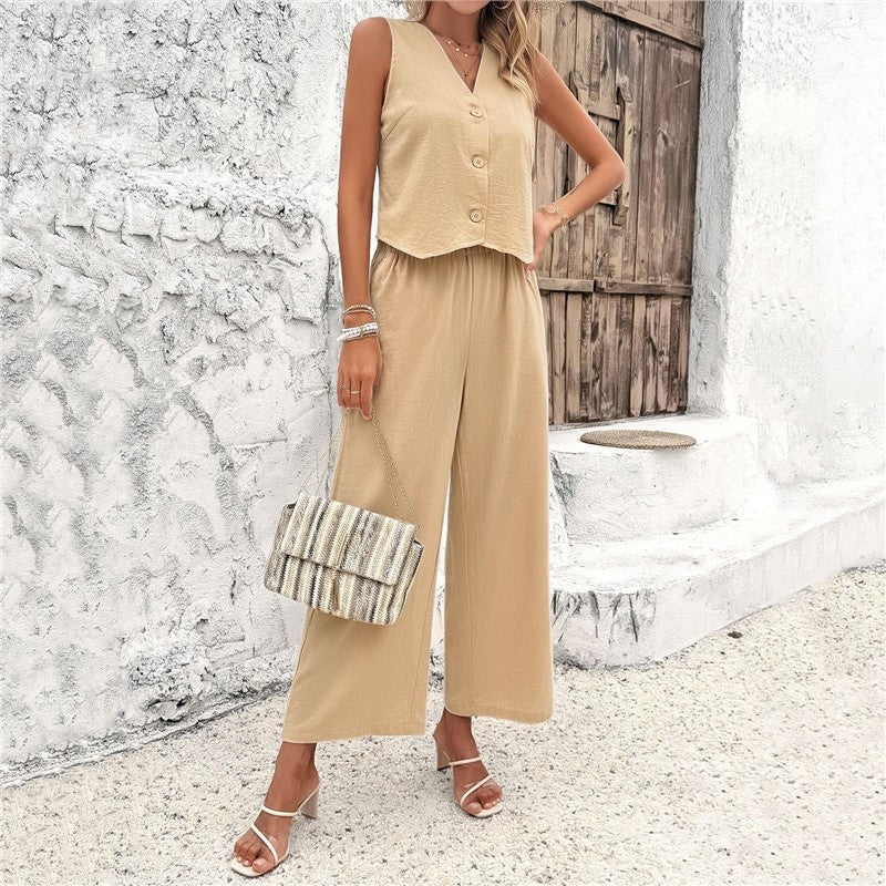 Stylish Sleeveless Vest Set with Solid Color Design for Casual Wear