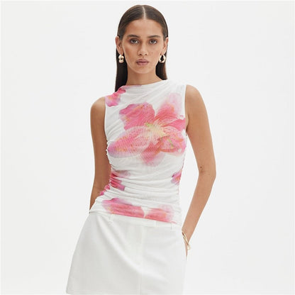 Printing Sleevelss Pleated Slim Tank Top
