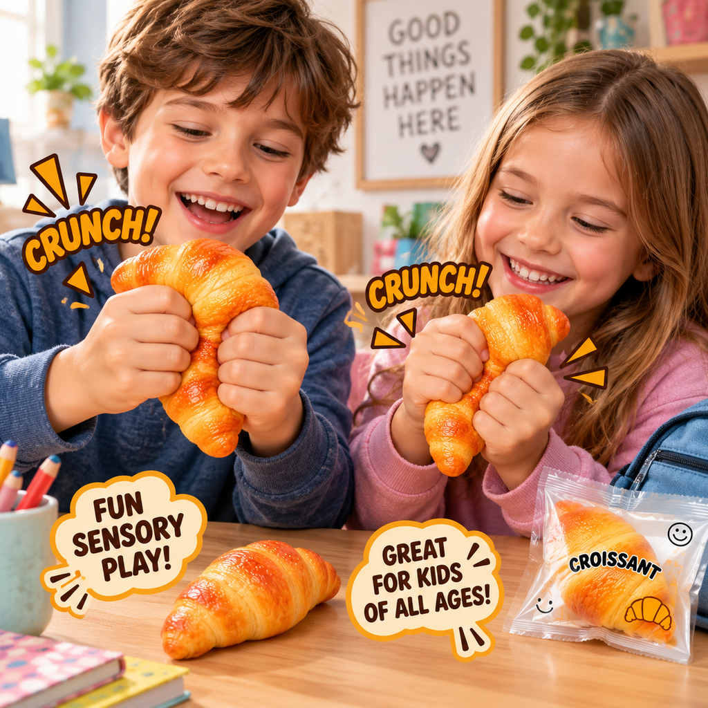 Crunchy Squishies Croissant Squeeze Toy 2-Pack – Crispy Crunch Sound Stress Balls | ASMR Sensory Fidget Toys for Adults & Kids | Realistic Homemade Bakery Squishies