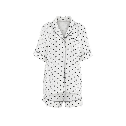 Heart Print Short Sleeve Pajama Set for Women - Breathable Fabric