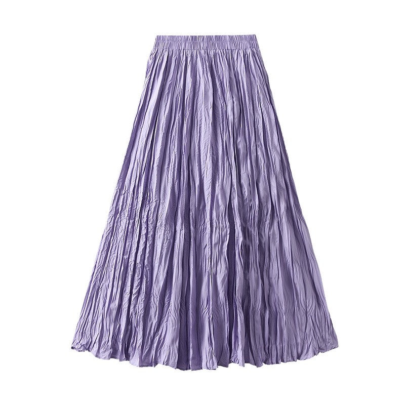 Solid Color High Waist Pleated A-Line Skirt with Flared Hem