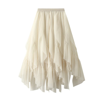 Elastic Waist Mesh Skirt with Irregular Ruffled Hem - Solid Color
