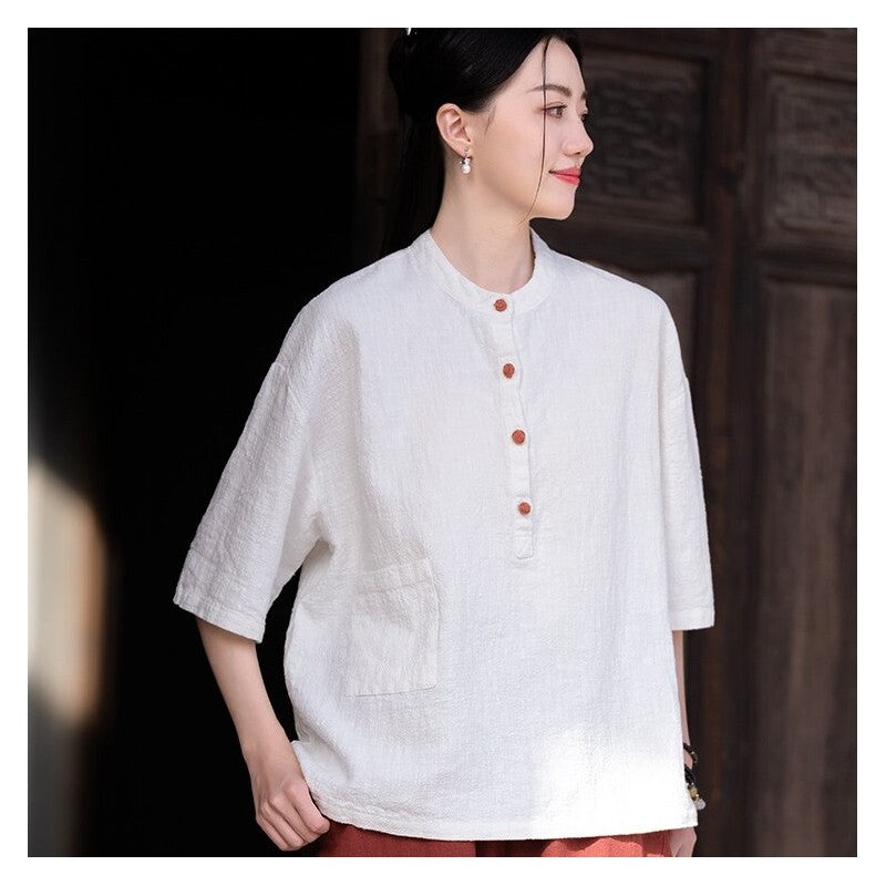 Stand Out in Style with our Solid Color Stand Collar Button-Up Short Sleeve Shirt