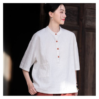 Stand Out in Style with our Solid Color Stand Collar Button-Up Short Sleeve Shirt