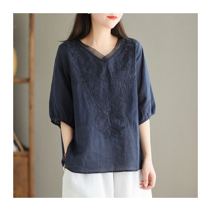 Casual V-Neck Embroidered Cotton-Linen Shirt with Heavy-Duty Construction