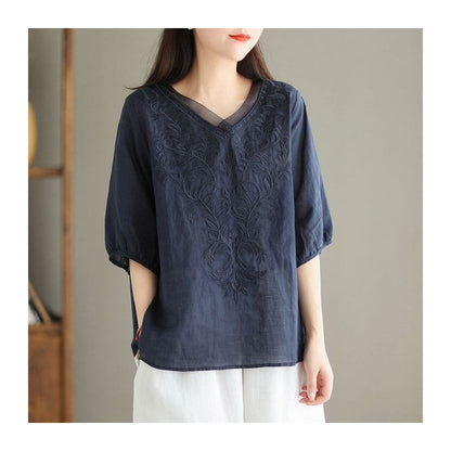 Casual V-Neck Embroidered Cotton-Linen Shirt with Heavy-Duty Construction