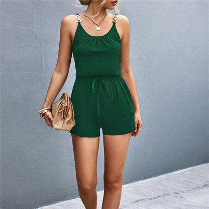 Pleated Splice Jumpsuit Shorts with Metal Strap Accent